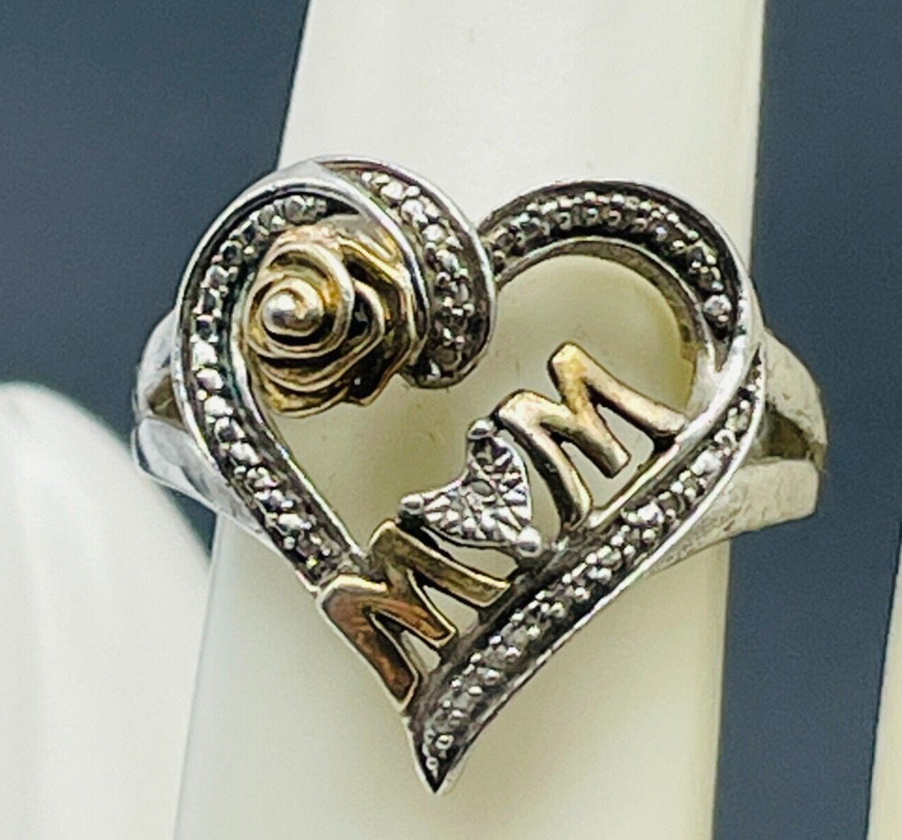Mom Heart 925 Mother's Ring Sz 6.75 Sterling Silver Gold Accents Two Tone Gift